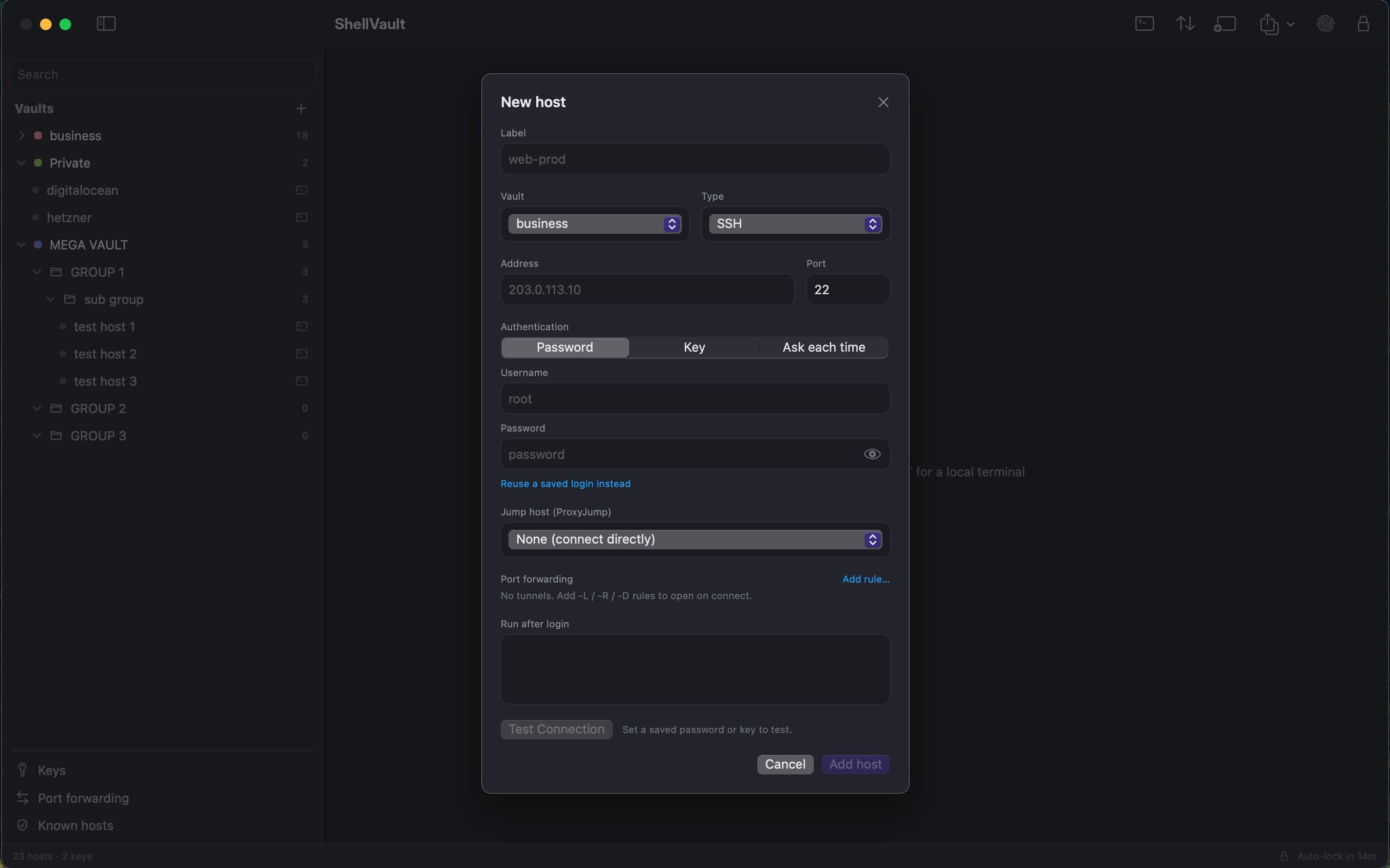 Host editor with auth, initial commands, and Test Connection