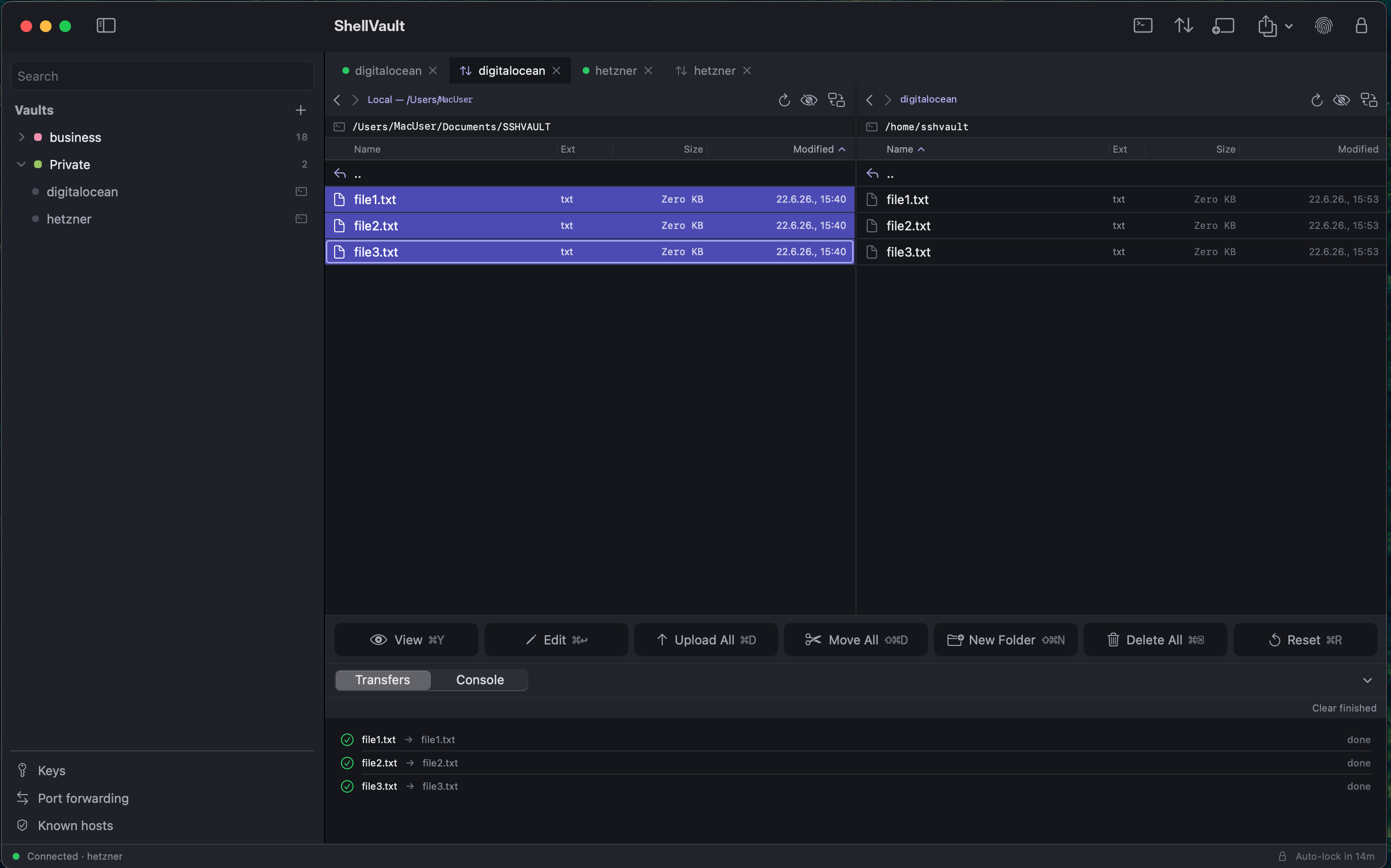 Dual-pane SFTP file manager mid-transfer